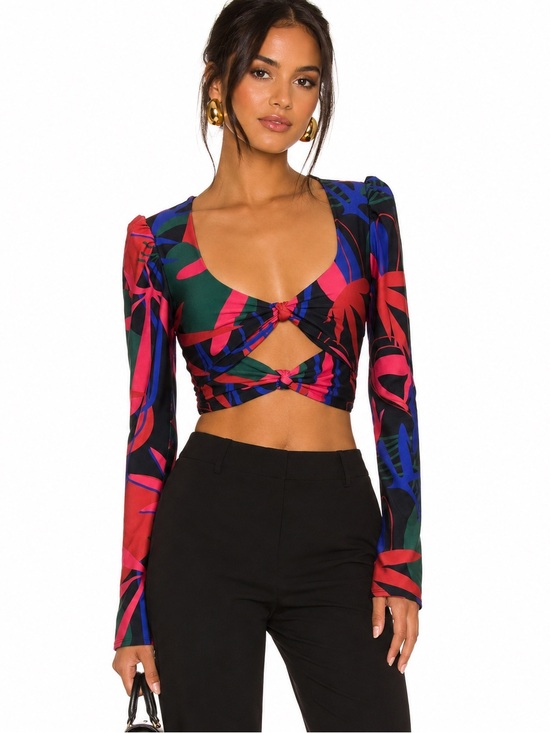 PatBO Tops - PatBO Tropical Print Cutout Long Sleeve Crop Top Size Medium